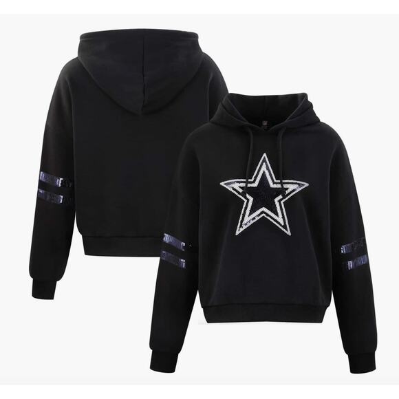 Dallas Cowboys Cropped Hoodie M Sequin Star Cozy Black Fleece Pullover NFL Cuce - Picture 13 of 13